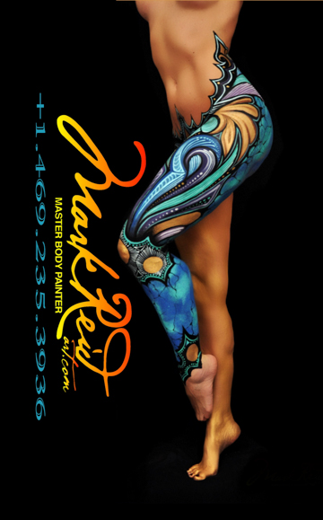 Legs of a woman painted with colorful blue and yellow wave-like design